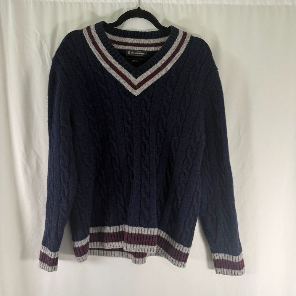 Brooks Brothers Lambswool Sweater Men's XL Fits Large Blue Cable Knit Vneck